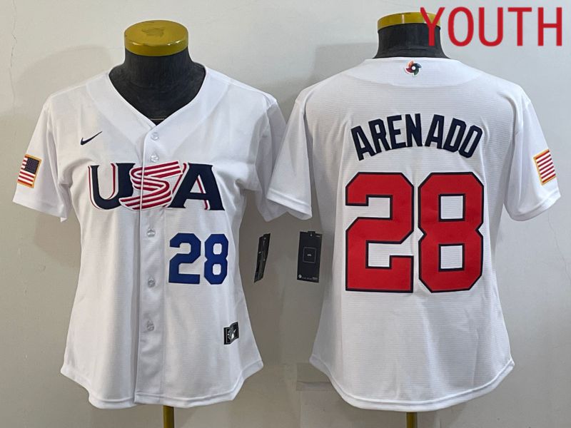Youth 2023 World Cub USA #28 Arenado White MLB Jersey5->youth mlb jersey->Youth Jersey